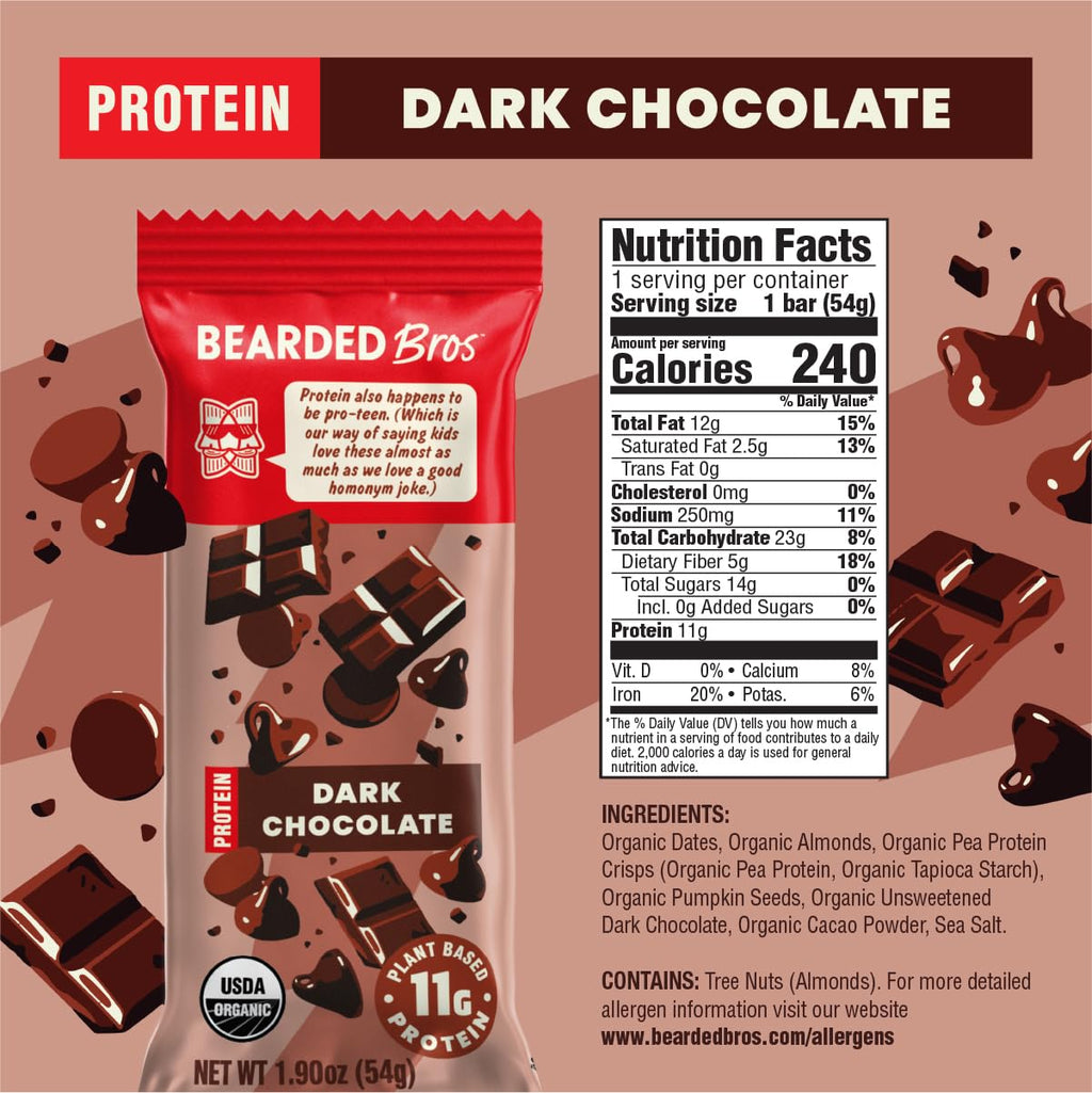 Bearded Brothers Organic Vegan Protein Bars - Gluten & Soy Free, Paleo, Whole 30 | Non GMO, Low Glycemic, High Protein, Fiber (10 Pack, Dark Chocolate)