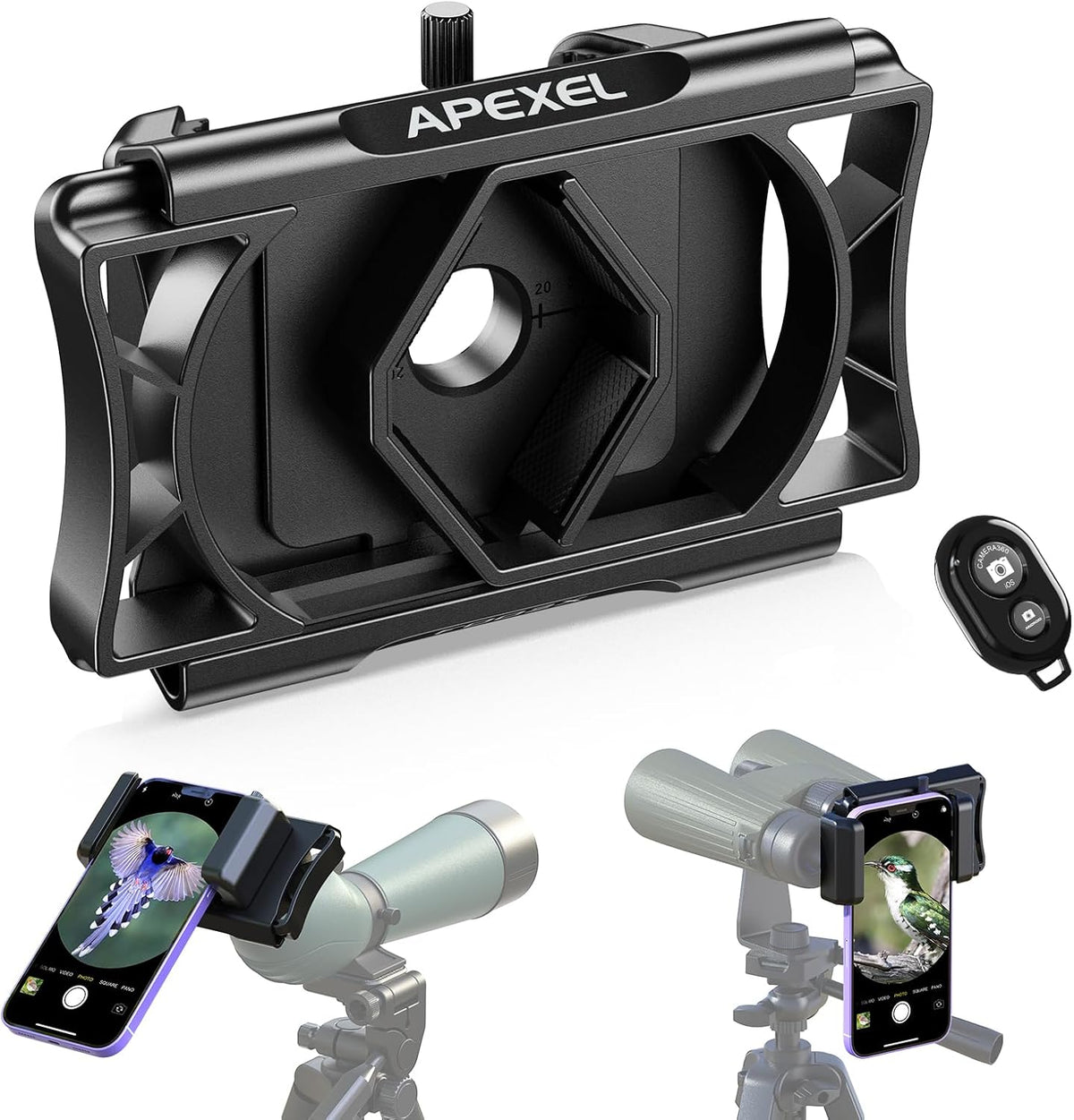 APEXEL 360° Universal Digiscoping Phone Adapter with Bluetooth Remote