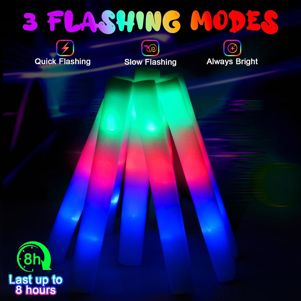 HONLYNE 100 PCS Foam Glow Sticks, Bulk Glow Sticks with 3 Modes Colorful Flashing, LED Light Sticks, Glow in Dark Party Supplies for Wedding, Raves, Birthday, Christmas, New Year