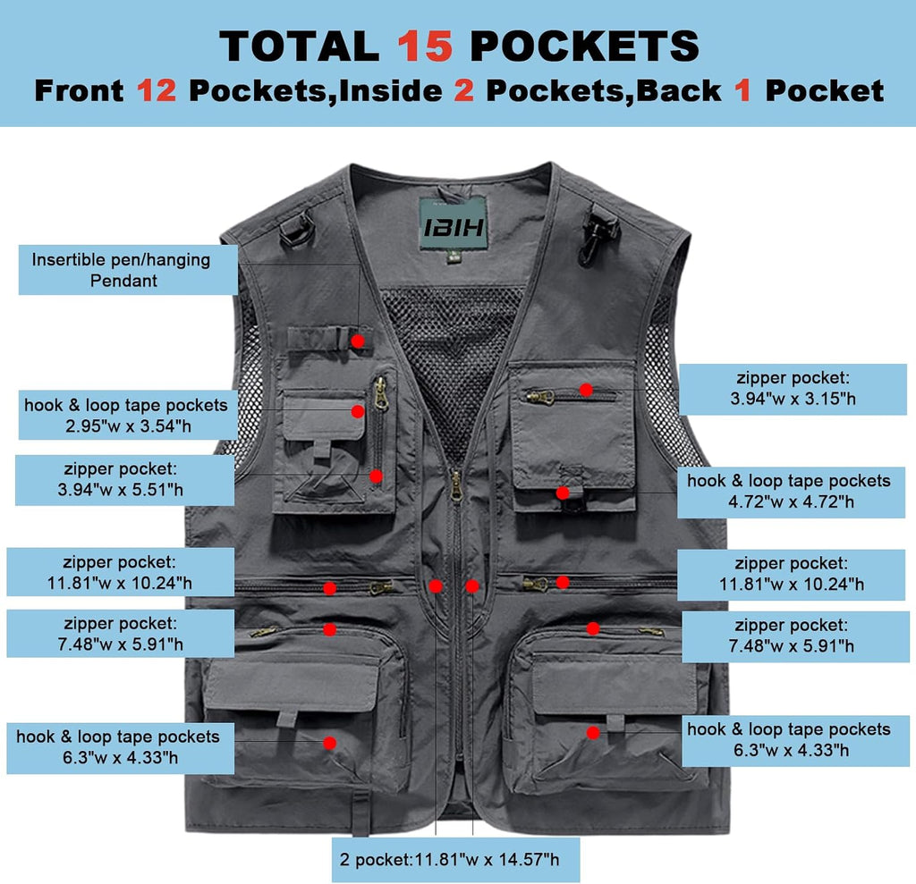 Mens Outdoor Vest Breathable Quick-Dry Fishing Vest Camping Hiking Lightweight Vest with Multi-Pocket