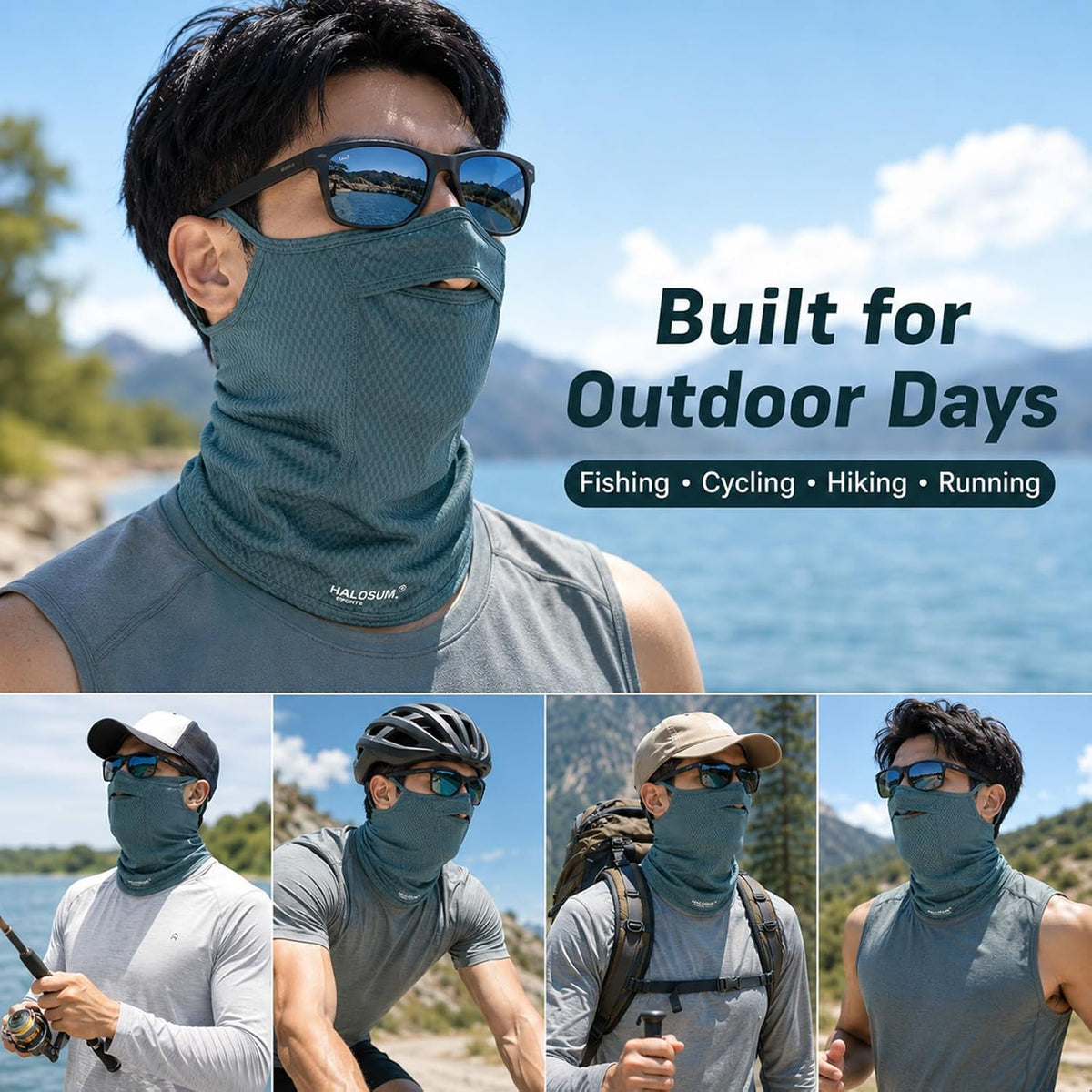 Sun Protection Face Mask with Neck Cover, Cooling Breathable Ear Loop Neck Gaiter for Fishing Cycling Running