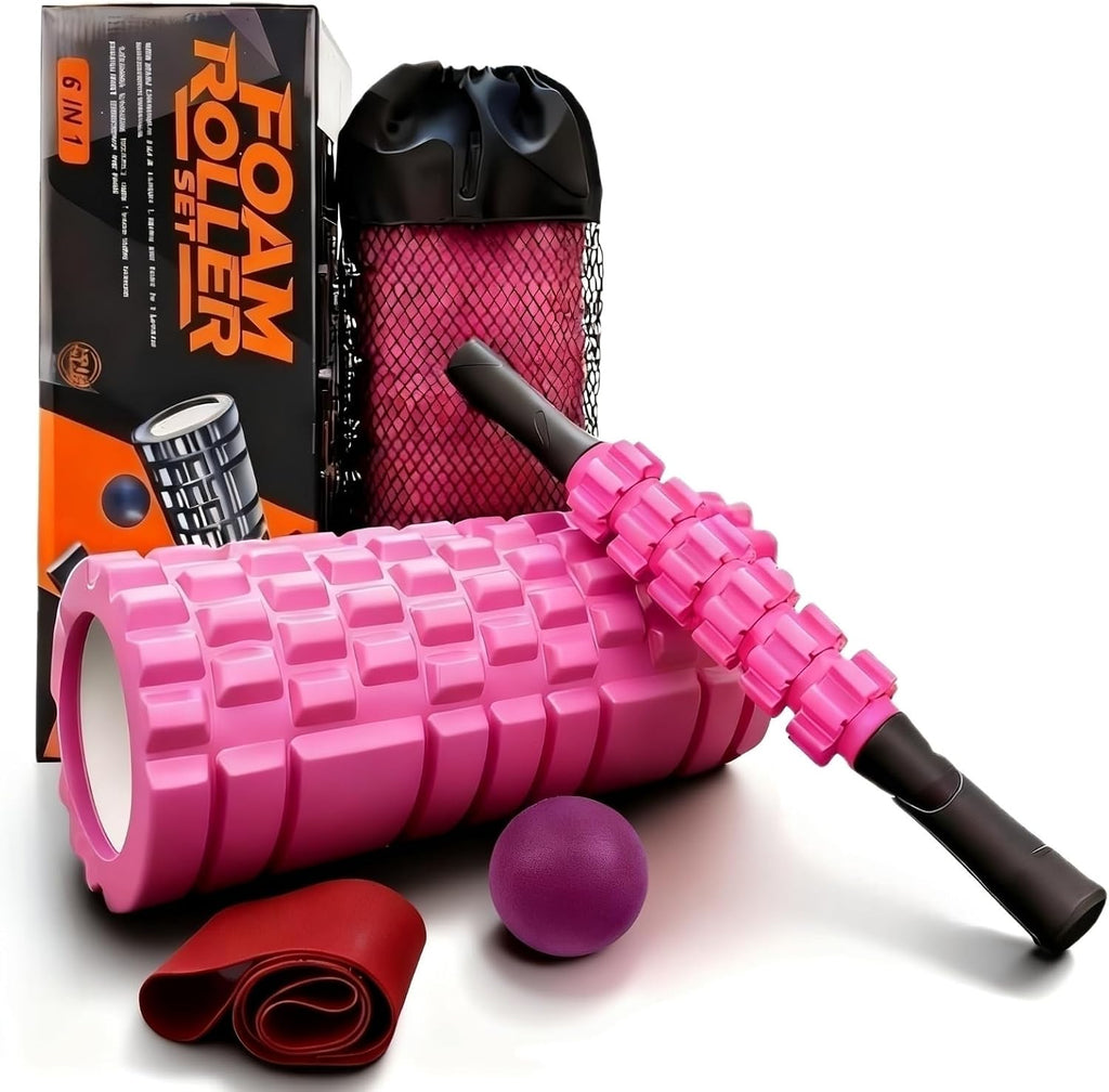 Aucuu 5 in 1 Foam Roller Set Includes Hollow Core Massage Roller, Yoga Stick, Massage Ball, Fitness Stretching Strap, Massage Roller, Carrying Bag, Towel (Blue)