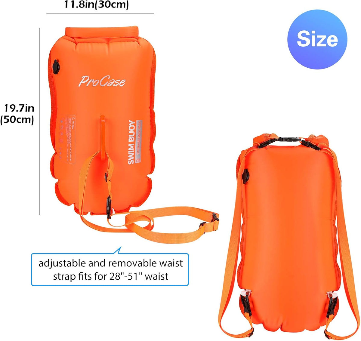 ProCase 35L Swim Buoy Dry Bag, Floating Waterproof Backpack with Shoulder Waist Strap for Open Water Swimming Paddling Boating Kayaking Rafting Hiking Camping Fishing Beach -Orange