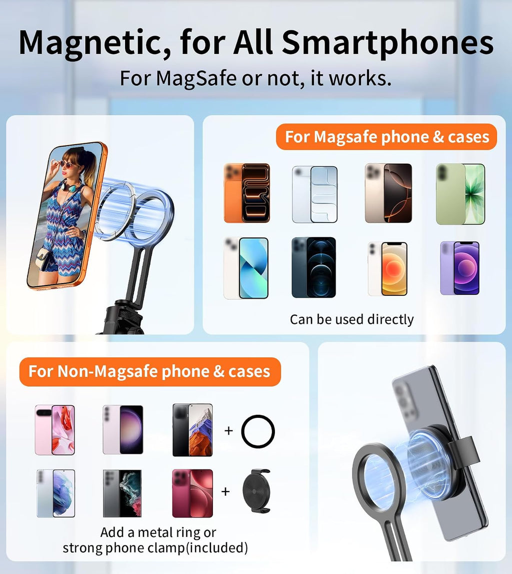 69" Magnetic Phone Tripod Stand Selfie Stick with Remote & Phone Mount