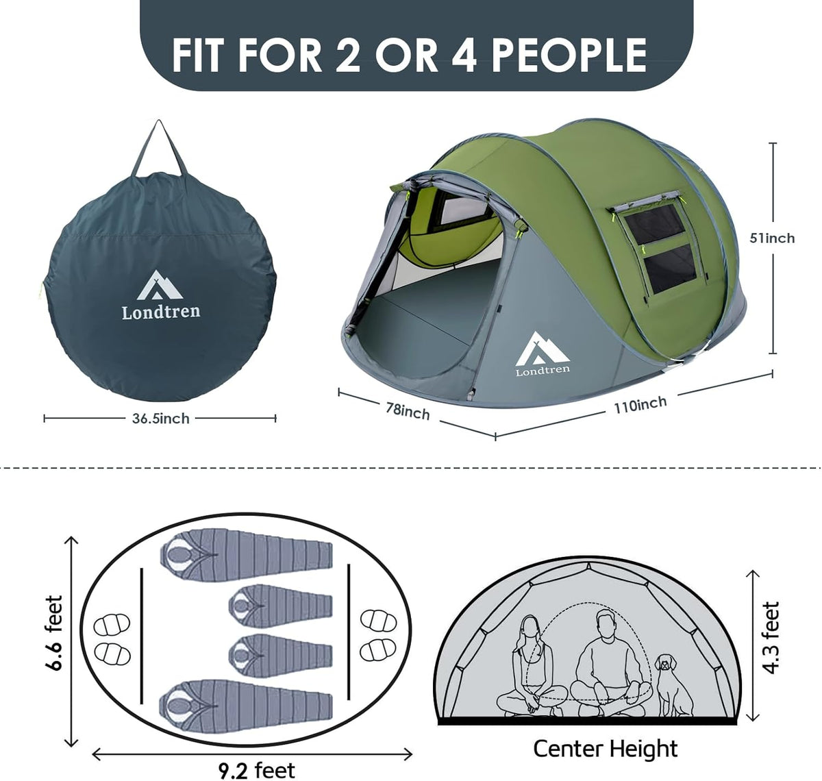 4 Person Easy Pop Up Tent Waterproof Automatic Setup 2 Doors-Instant Family Tents for Camping Hiking & Traveling