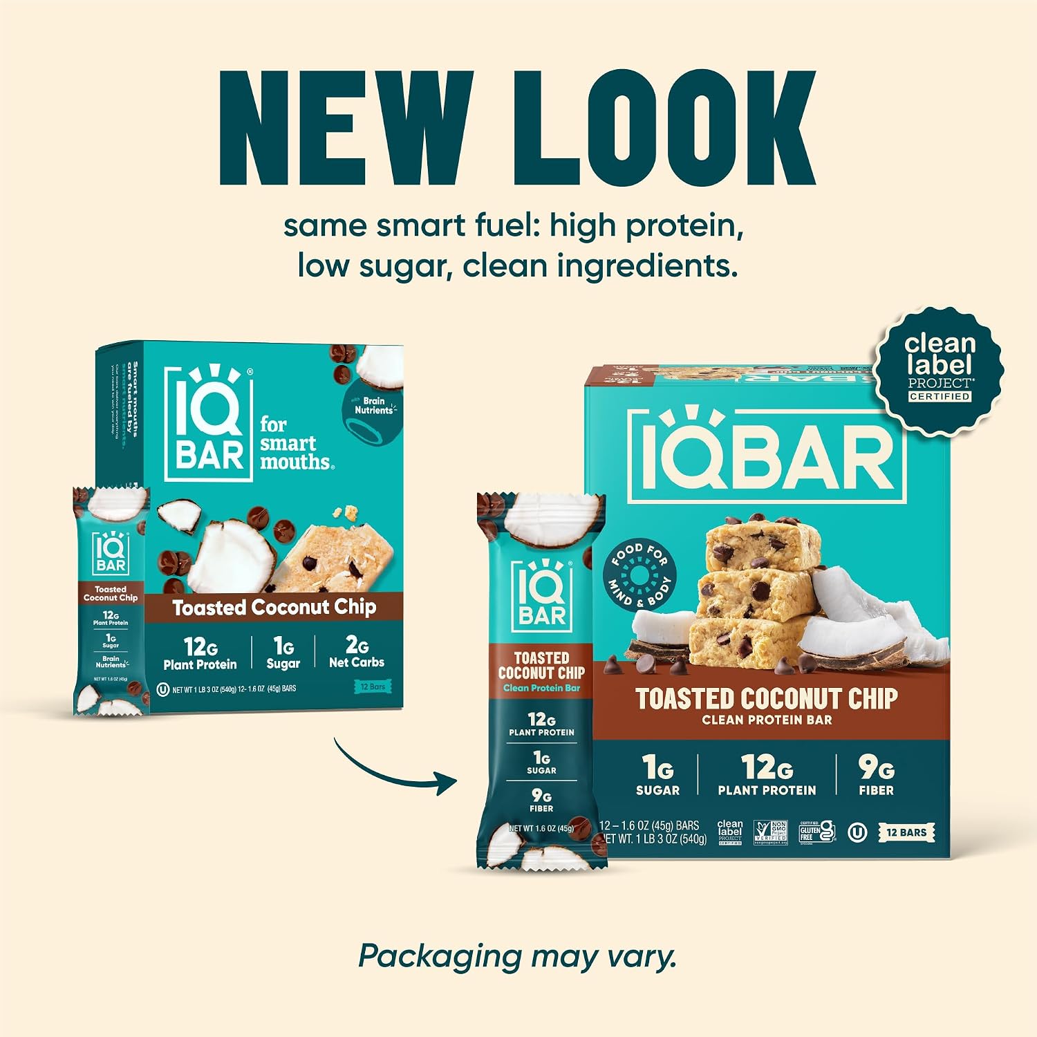 IQBAR Clean Protein Bars, Low Sugar Keto, Toasted Coconut Chip 12-Count
