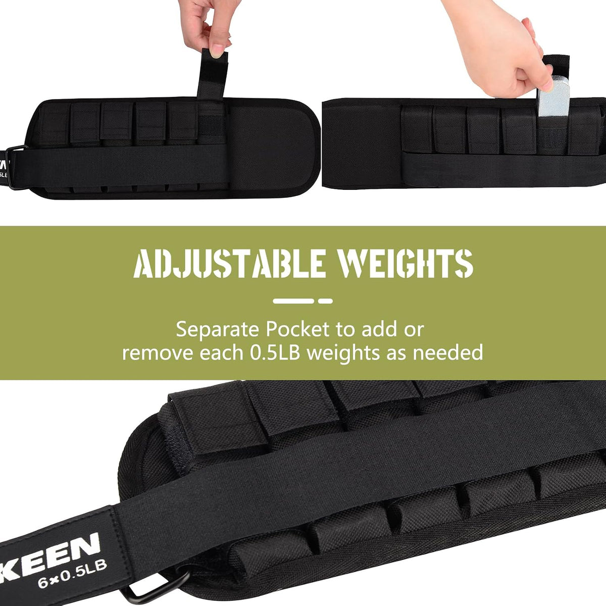 Hikeen Ankle Weights for Women Men 1 pair Adjustable Ankle Weights 1 2 3 LBS Metal Block with Separate Pockets Leg and Hand Weights For Walking Running Exercises