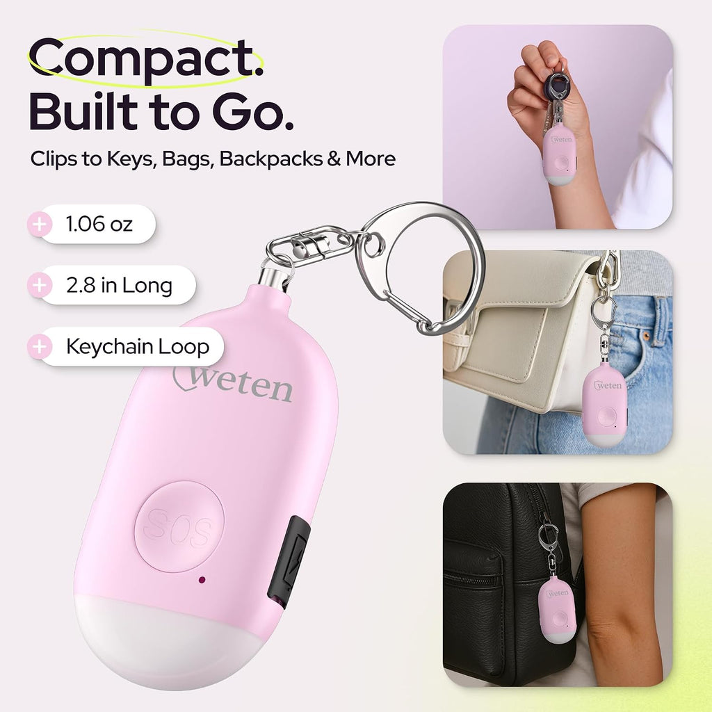 Weten Rechargeable Personal Alarm Keychain - 130dB Siren & LED Light - Stylish Personal Safety Alert for Women to Carry - Panic Button Alarm for Security - Rape Whistle for Self Defense (Pink)