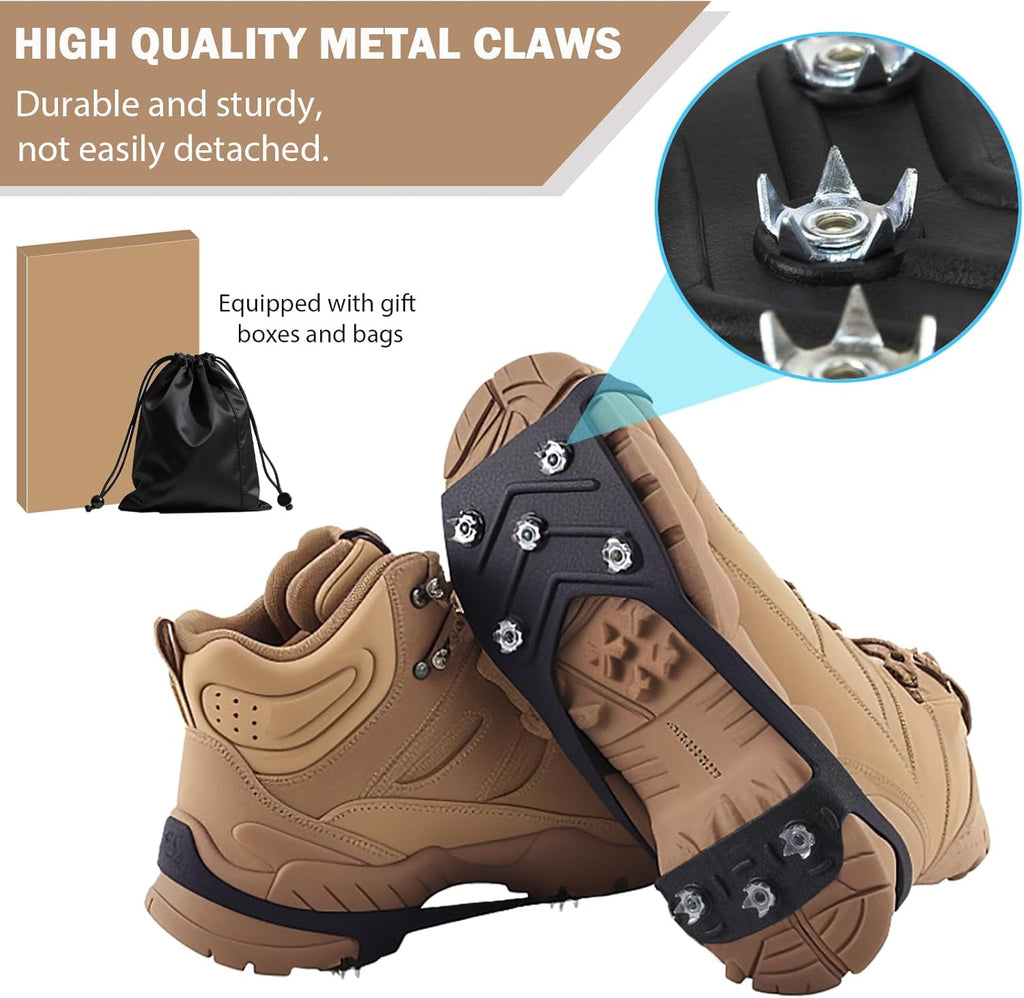 2 Pairs Ice Cleats for Shoes and Boots,Universal 8 Steel Studs Crampon Ice & Snow Grippers for Winter Hiking Climbing Ice Fishing,Anti-Slip