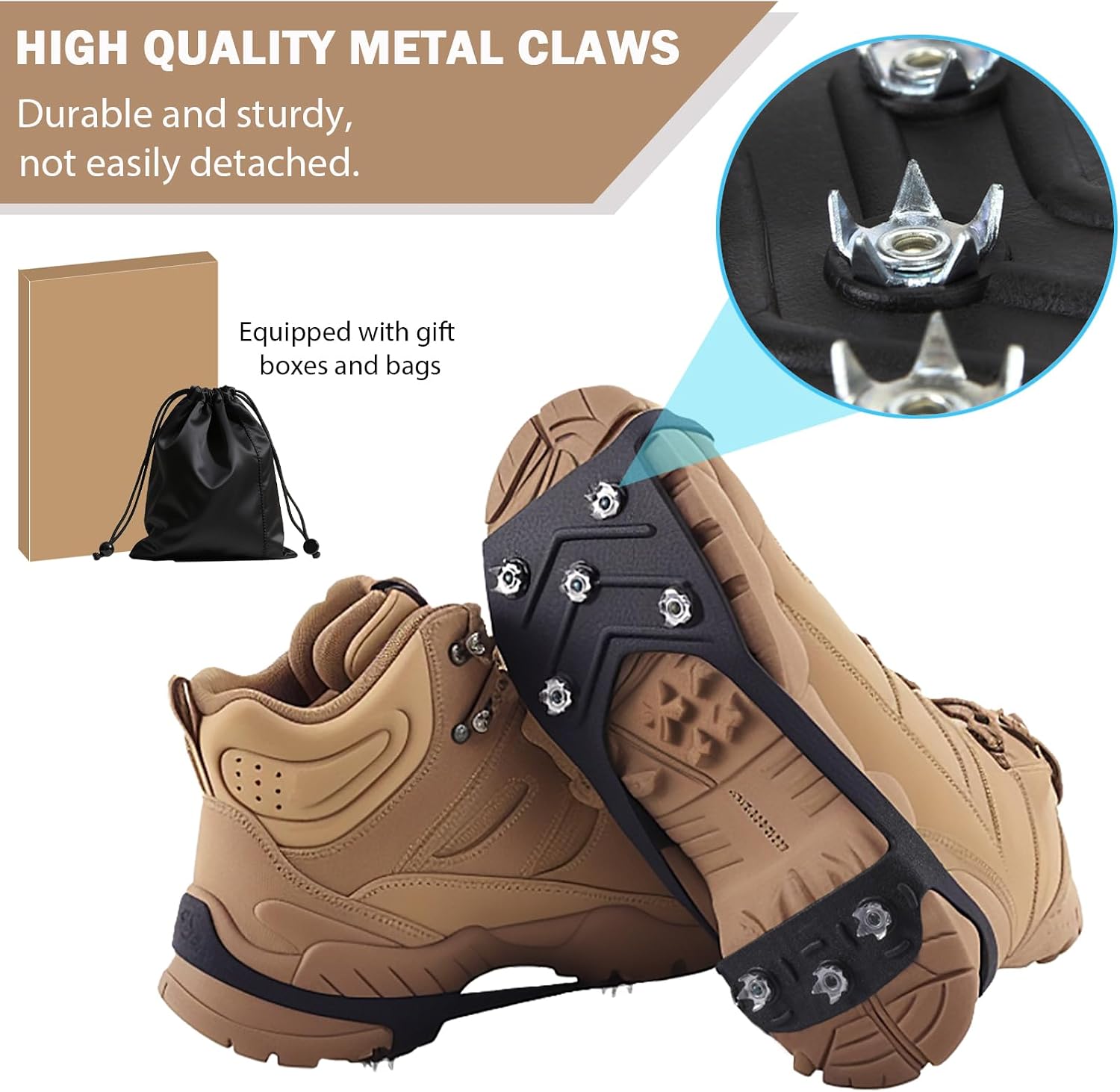 2 Pairs Ice Cleats for Shoes and Boots, Universal Non Slip Hiking Spikes, Micro Shoe Spikes for Snow and Ice, Durable Snow Crampons for Winter Hiking Climbing Ice Fishing, 8 Steel Studs Gripper Spike