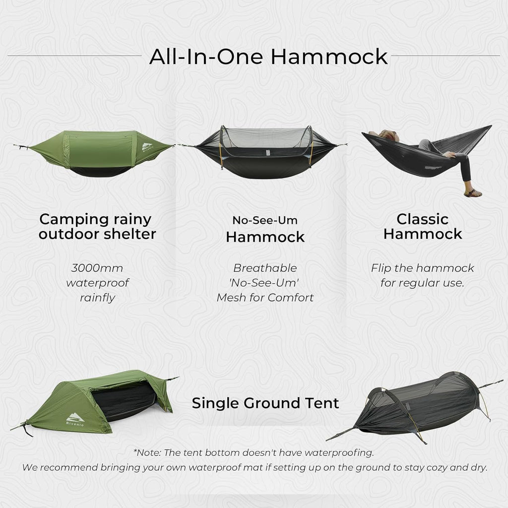 Camping Hammock Tent with Mosquito Net & RainFly, 3 in 1 Waterproof Portable Sleeping Hammock Bug Backpacker Lightweight Outdoor Gear Swing for Hiking Travel Patio Expedition(Dark Green)