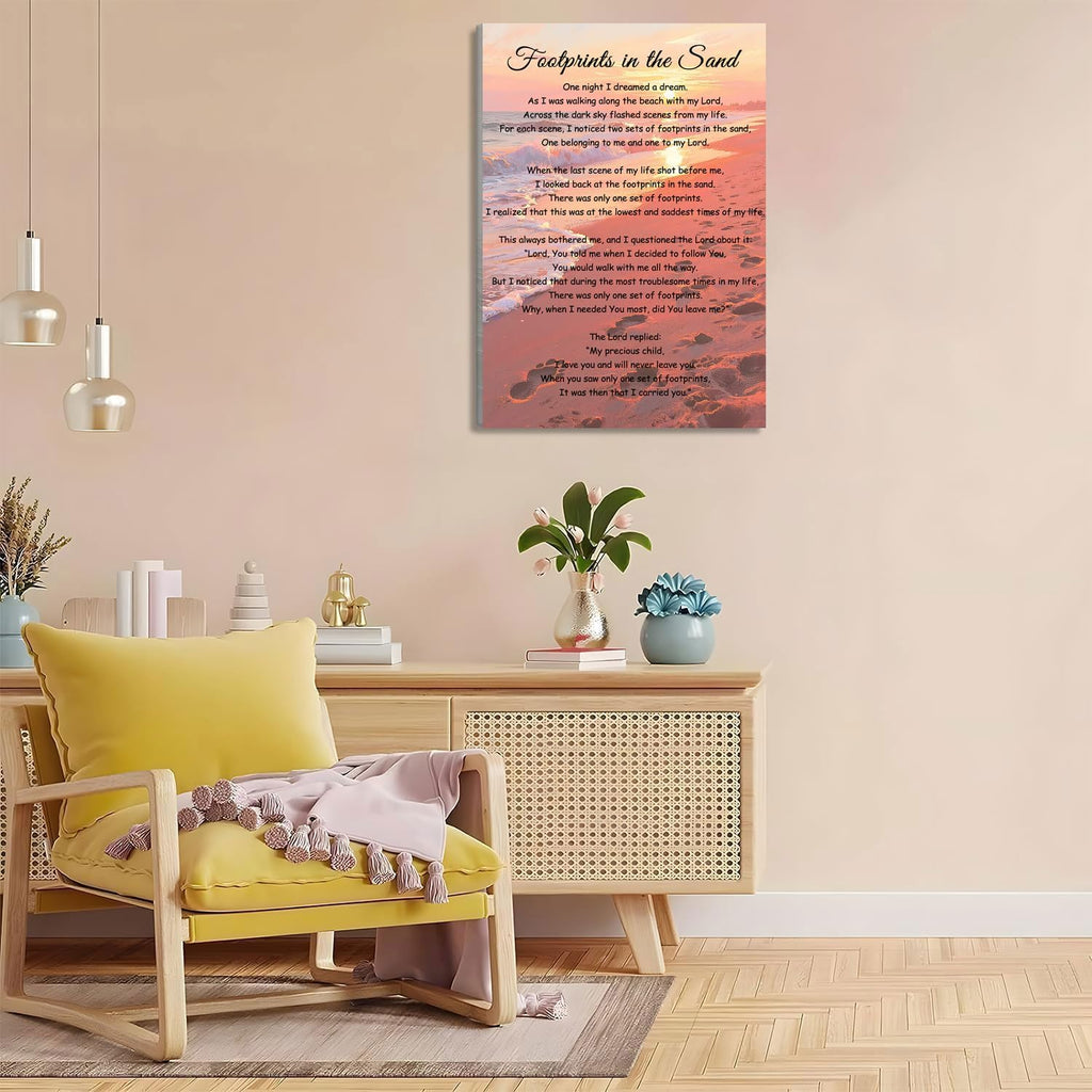 Footprints In The Sand Wall Art Religious Poem Poster Jesus Christian Print Retro Canvas Motivational Quotes Painting Pictures Home Decor Framed 8 * 12 Inch