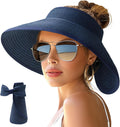 NPJY Sun Hats for Women Wide Brim Roll-Up Ponytail Packable Straw Visor