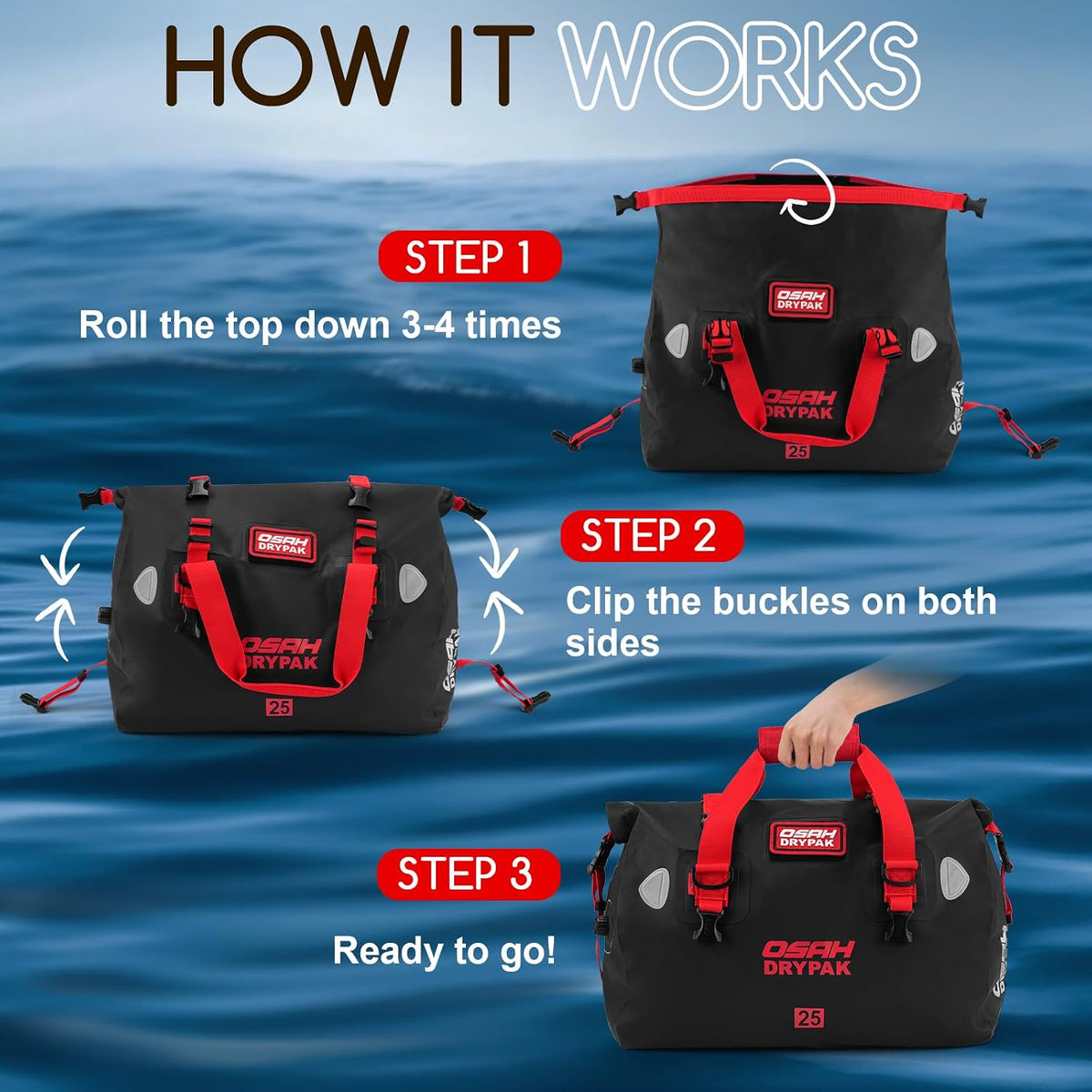 OSAH DRYPAK Waterproof Duffel Bag - Motorcycle Dry Bag Tail Bag with Large Storage Space, Waterproof Luggage Duffle Bags with Outer Mesh Zipper Pocket for Camping, Kayaking, Fishing & Traveling