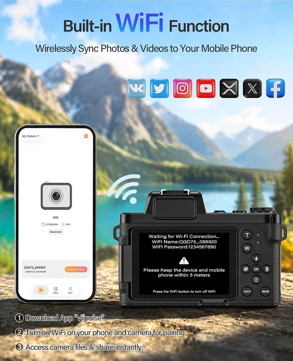 Maxmango D75 Digital Camera for Photography - 5K WiFi Vlogging Camera for YouTube 3" 180° Flip Screen 18X Digital Zoom Compact Travel Cameras with 16GB TF Card Black for Beginners