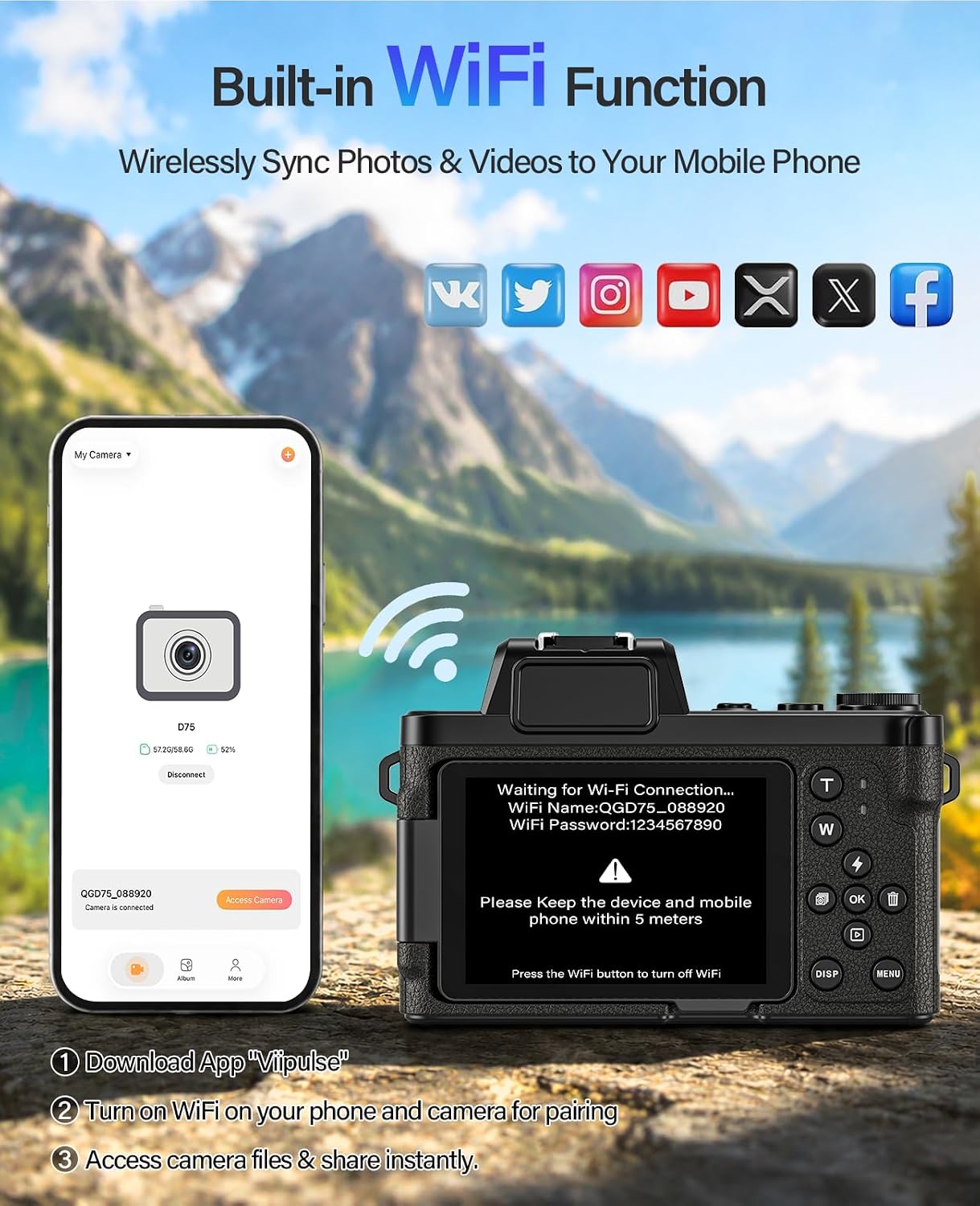 Maxmango D75 Digital Camera for Photography - 5K WiFi Vlogging Camera for YouTube 3" 180° Flip Screen 18X Digital Zoom Compact Travel Cameras with 16GB TF Card Black for Beginners