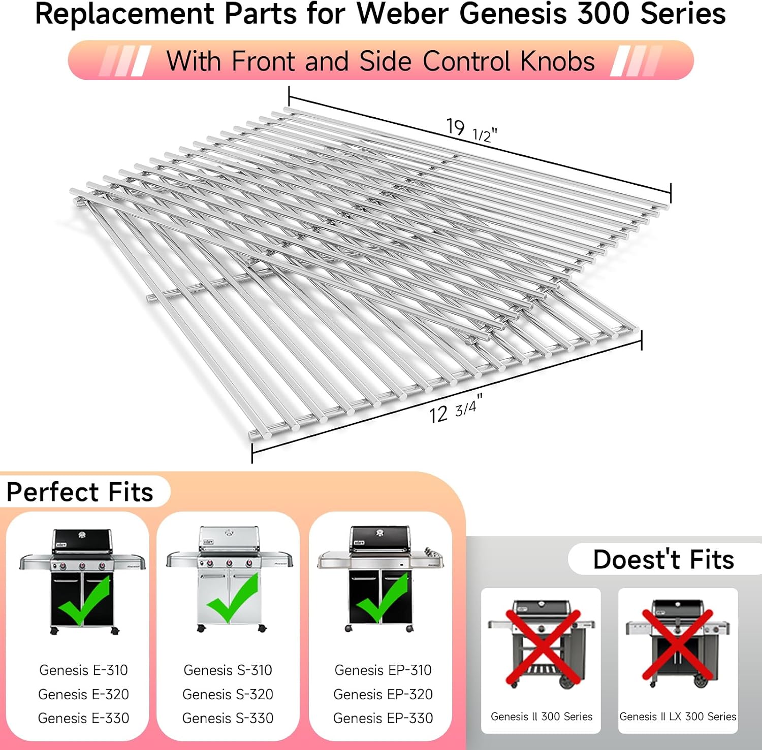 2pcs Stainless Steel Cooking Grill Grates for Weber, 19.5'' x 25.5''