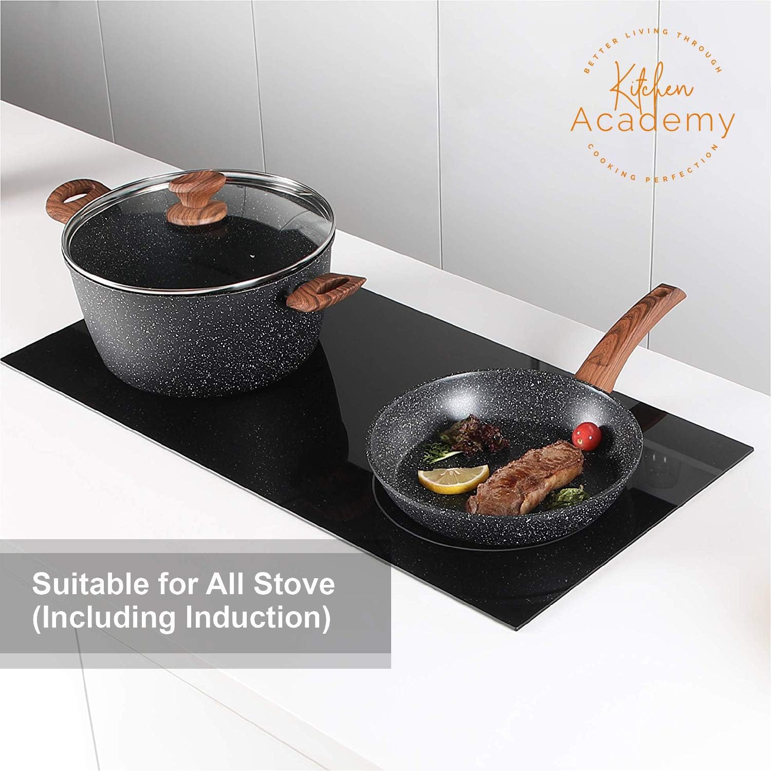 Kitchen Academy Pots and Pans Set Non Stick, 12pcs Induction Cookware