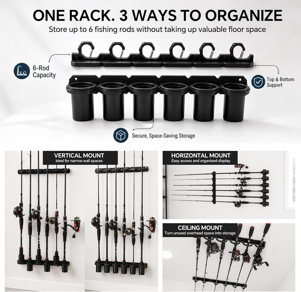 HITORHIKE Heavy Duty Fishing Rod Storage Rack, Wall/Ceiling Mount Vertical Pole Holder, Garage Fishing Pole Organizer for Gifts(Black-1pack)