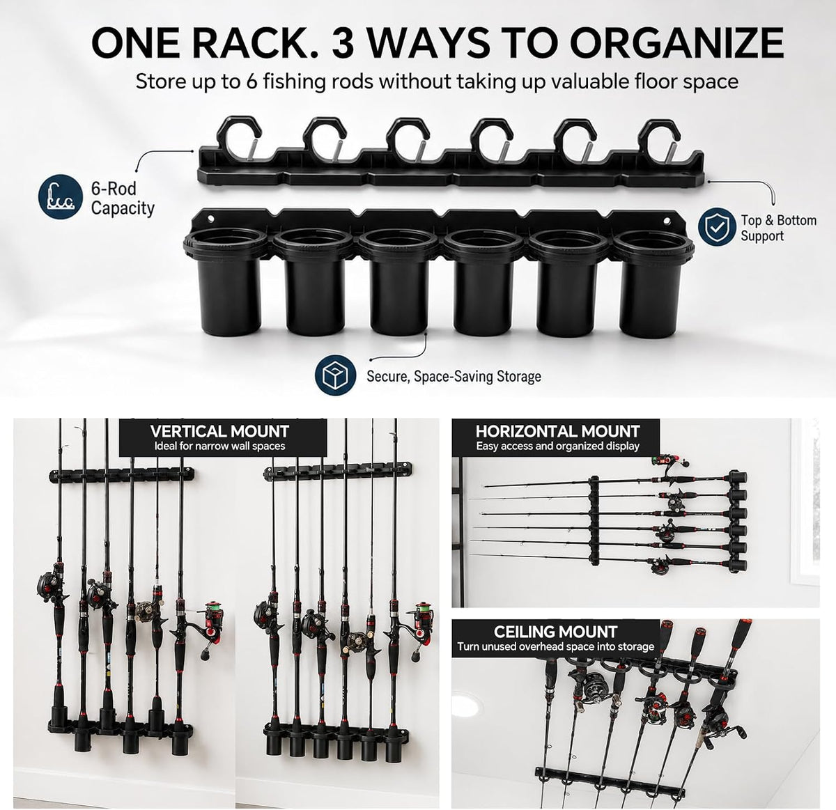 HITORHIKE Heavy Duty Fishing Rod Storage Rack, Wall/Ceiling Mount Vertical Pole Holder, Garage Fishing Pole Organizer for Gifts(Black-1pack)