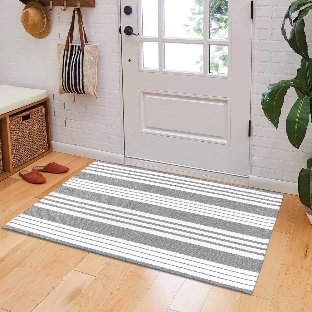 OJIA Front Door Rug 24"x51" Gray and White Striped Outdoor Rug Porch Decor