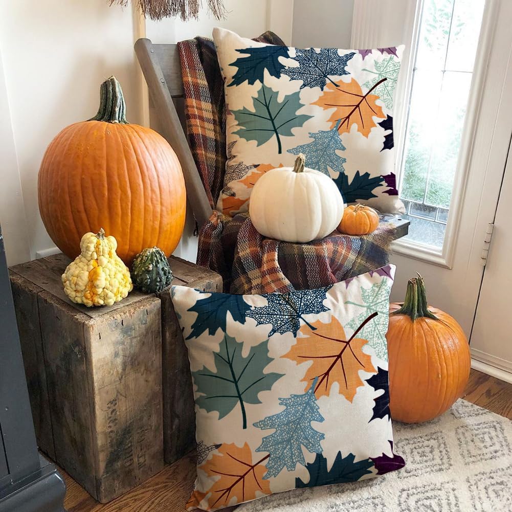 Fall Pillow Covers 18x18 Set of 2,Blue Maple Leaves Outdoor Thanksgiving