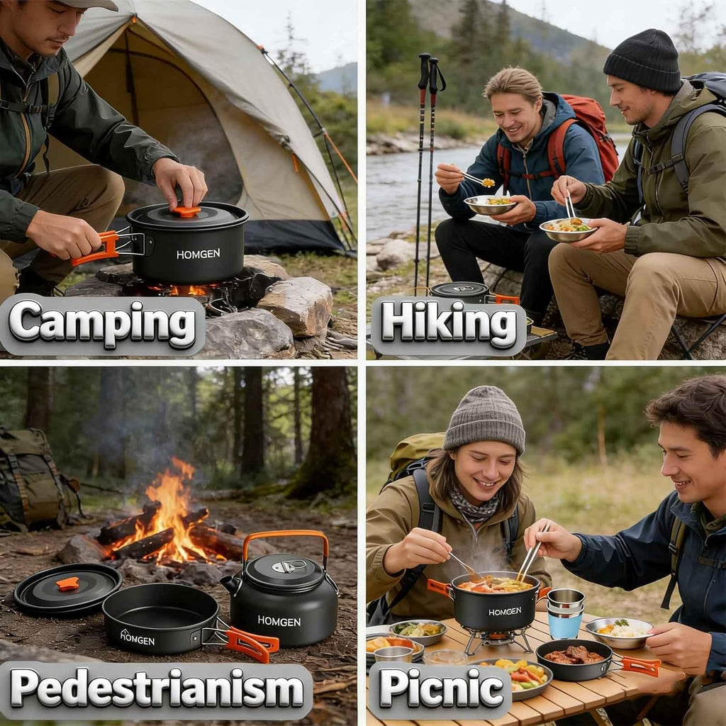 HOMGEN Portable Ultralight Anodized Aluminum Camping Cookware Set - Nesting Camping Pot and Pan-800ml Insulated Teapot-Carrying Bag-for Camping Hiking Picnic RV Trip