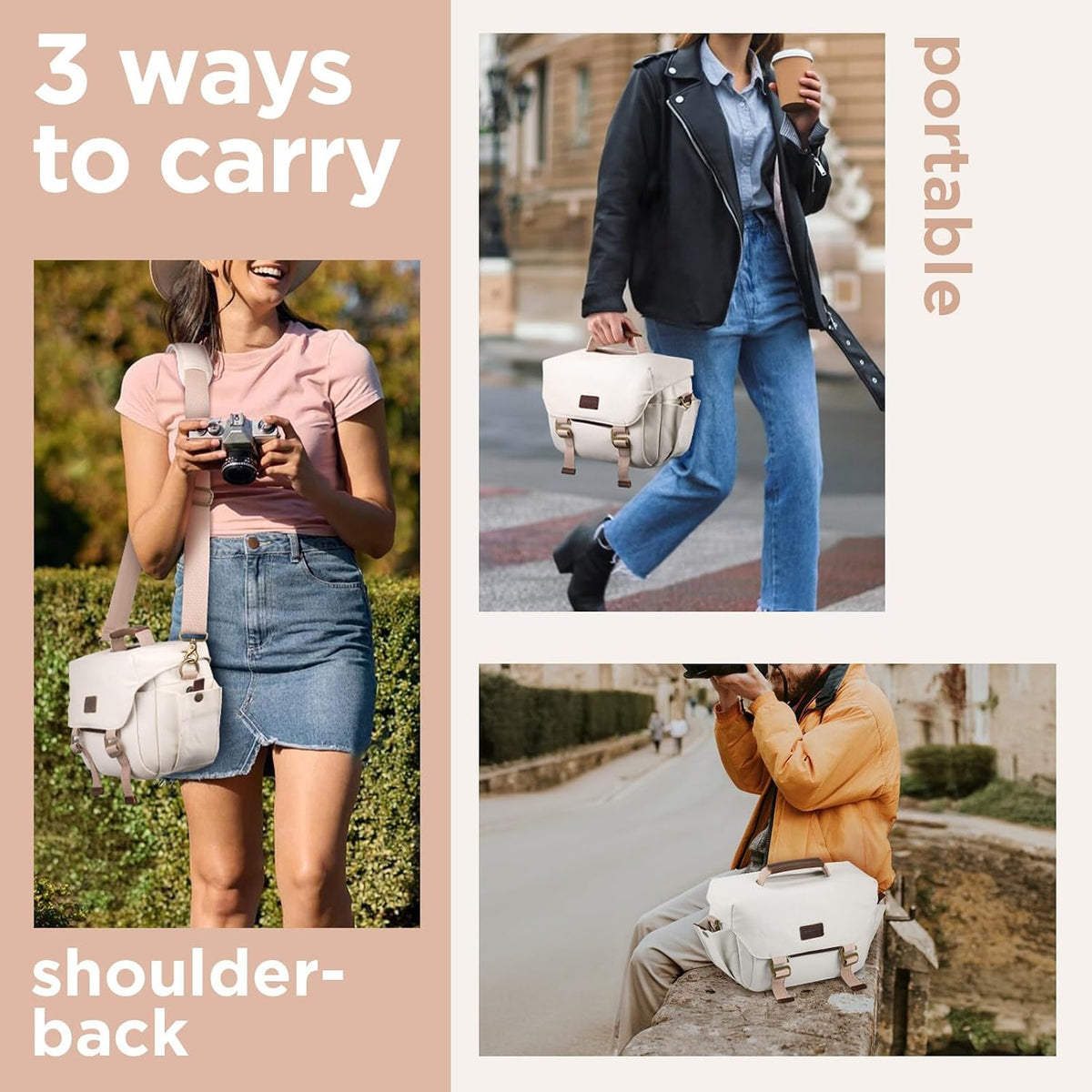 SMRITI Canvas Camera Bag Small- DSLR/SLR Waterproof Camera Bag for Canon/Sony/Nikon/Fuji, Cute Camera Sling Bag with Rain Cover, Travel Crossbody Camera Case Bag for Women Men Photographer (White)