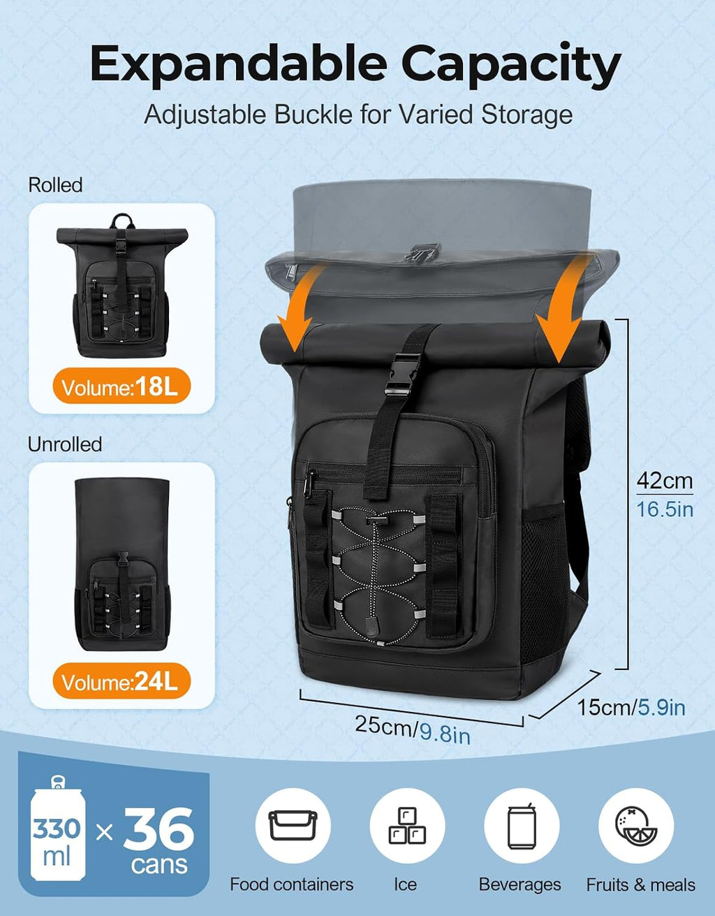 ISEYOU Rolltop Cooler Backpack, 36 Cans Insulated Backpack for Men & Women, Keeps Cold for Up to 20 Hours, Waterproof & Leak Proof Cooler Bag for Picnic, BBQ Camping, Lunch, Beach, Hiking