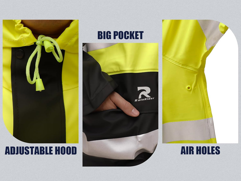 RainRider Rain Suits Waterproof for Men Women Heavy Duty Rain Gear Reflective Jacket Bib Pants 3 Pieces Rainwear