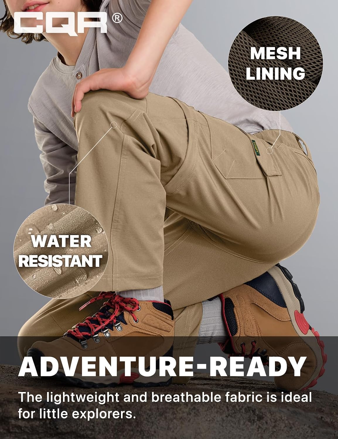 CQR Kids Youth Hiking Cargo Pants, UPF 50+ Quick Dry Convertible Zip Off Pants, Outdoor Camping Pants