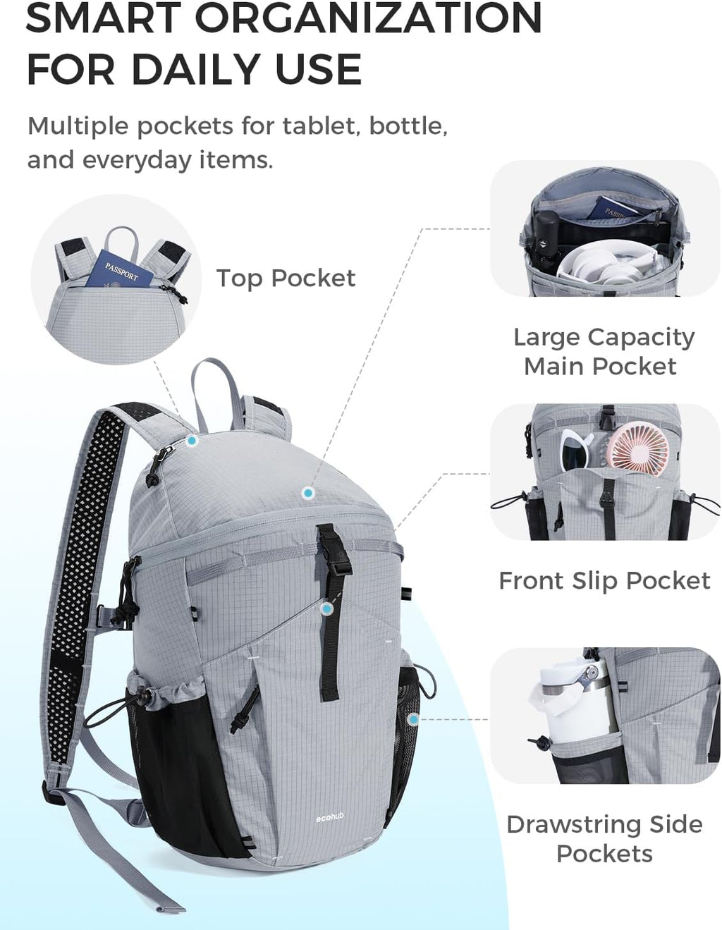 ECOHUB 15L Ultra-Lightweight Packable Backpack, Casual Daypack for Daily Use, Small Hiking & Travel, Foldable Backpack, Water-Resistant Nylon, Reflective Design