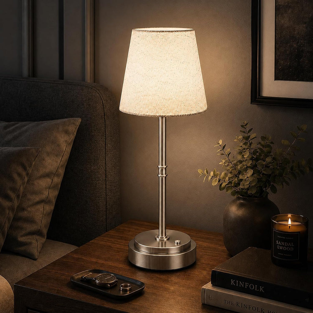 Rechargeable Cordless Table Lamp, Battery Operated Bedside Lamp, Silver