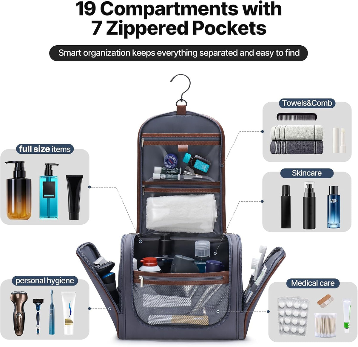 ZAHNI Men’s Hanging Toiletry Bag, Large Capacity Toiletry Organizer