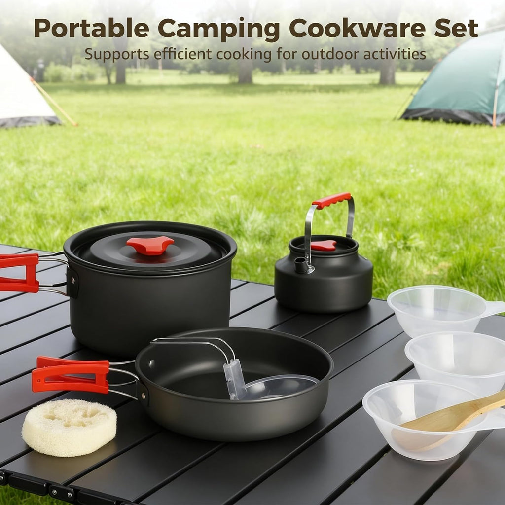 10 PCS Camping Cookware Set, Camp Pot Pan Kettle Plastic Bowls Soup Spoon, Lightweight Aluminum Outdoor Cooking Set with Drawstring Storage Bag for Backpacking Hiking RV Trip