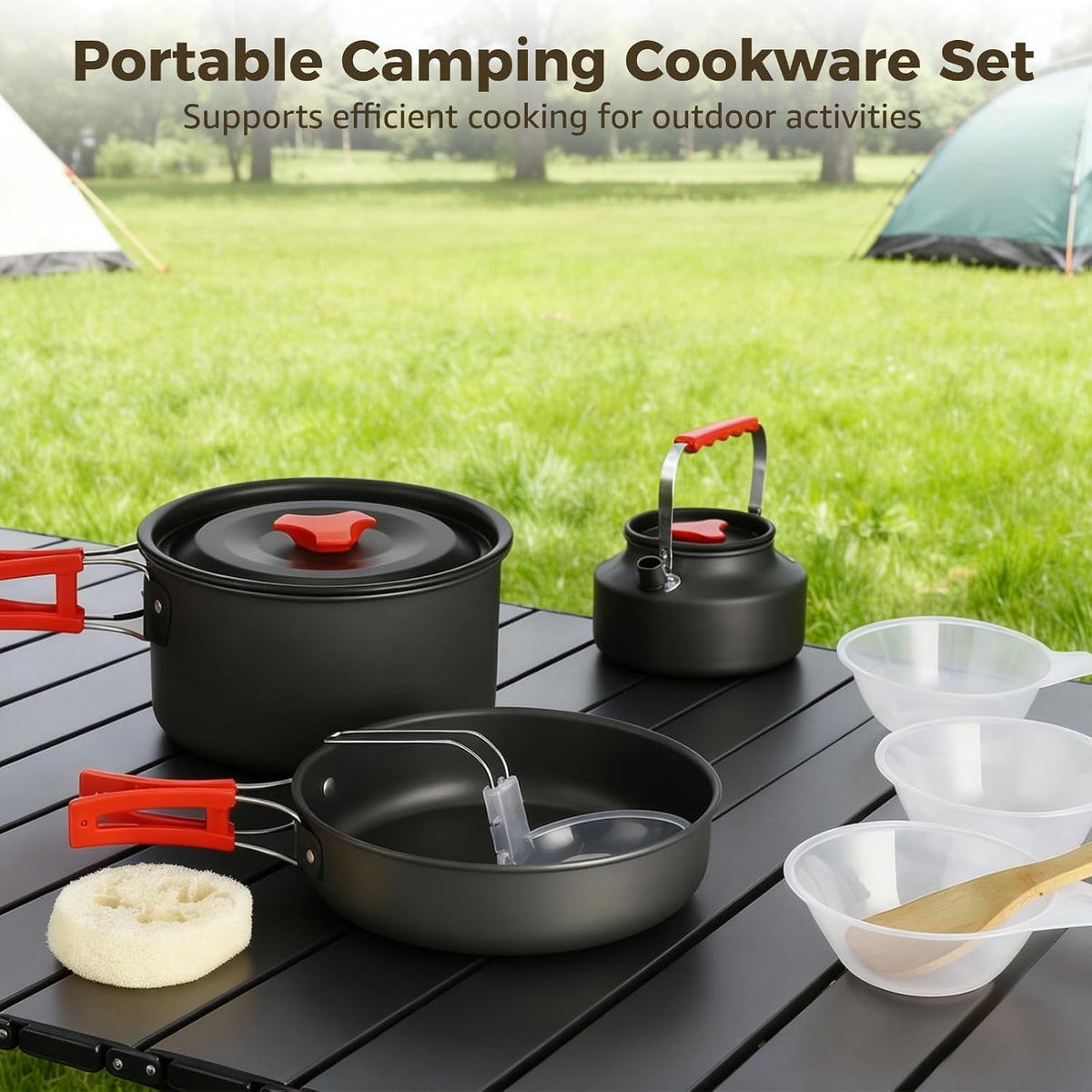 10 PCS Camping Cookware Set, Camp Pot Pan Kettle Plastic Bowls Soup Spoon, Lightweight Aluminum Outdoor Cooking Set with Drawstring Storage Bag for Backpacking Hiking RV Trip