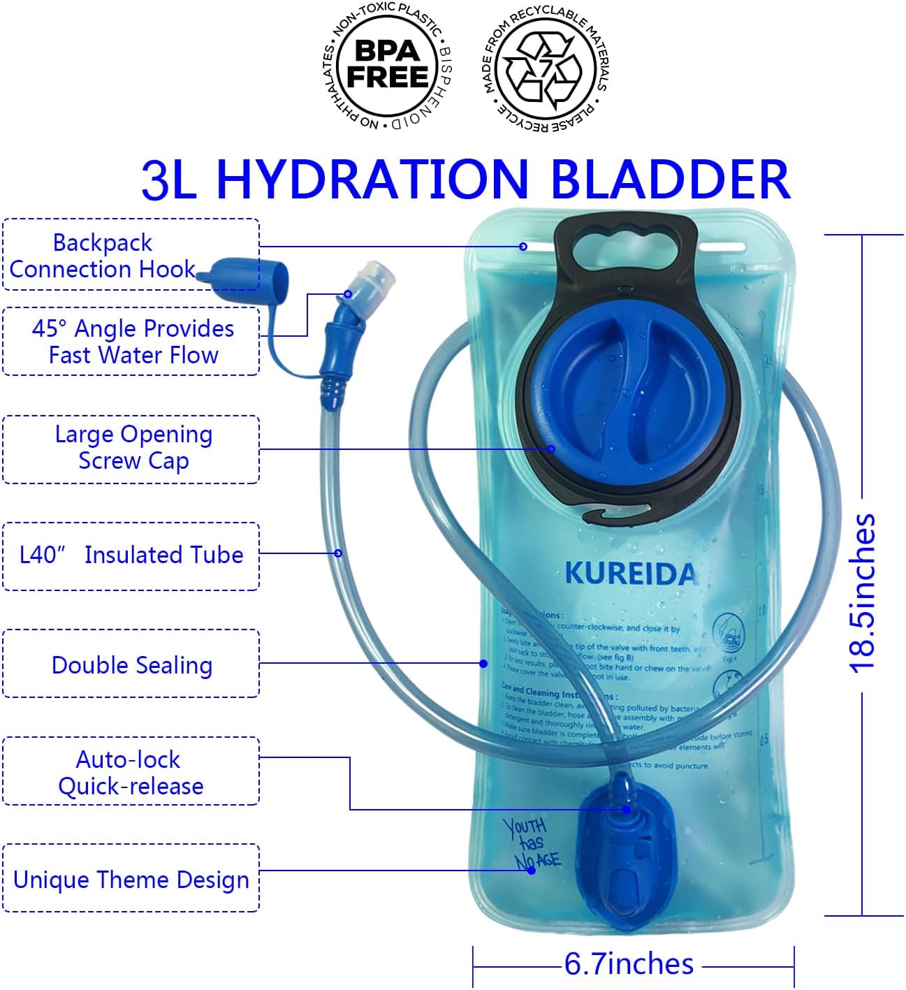 KUREIDA Hydration Bladder 2L-3L,Leak Proof Water Reservoir,BPA Free,Wide Opening, Military Water Bladder Combined with Hydration Backpacks for Biking Hiking Running Camping Climbing.