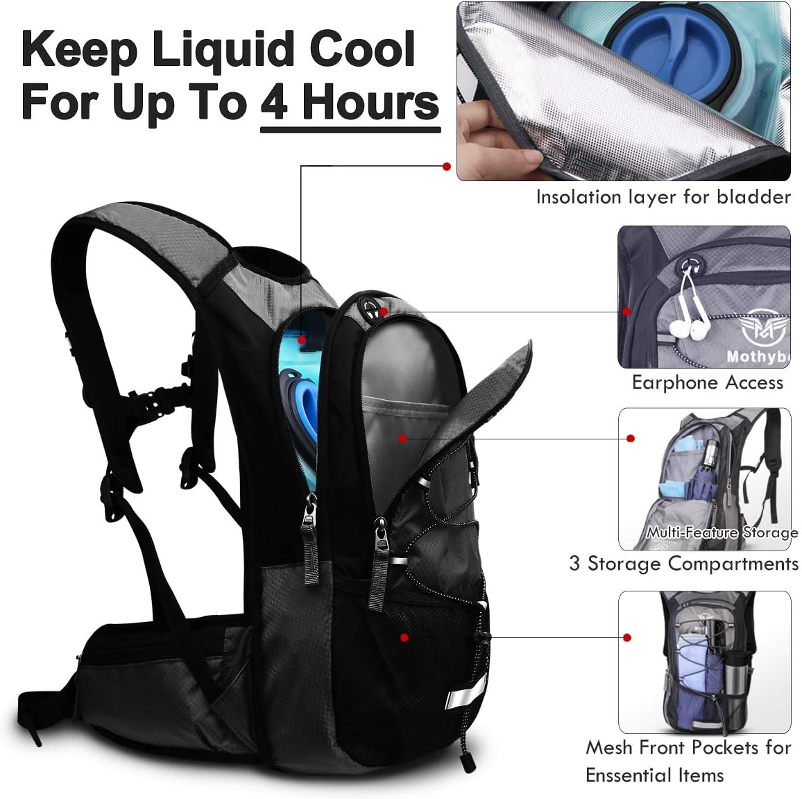 Mothybot Insulated Hydration Backpack Pack with 3L BPA Free Leak Proof Water Bladder, Large Storage Lightweight Hiking Daypack with Waist Pouches & Cooler Layer, for Running, Biking, Camping, Festival