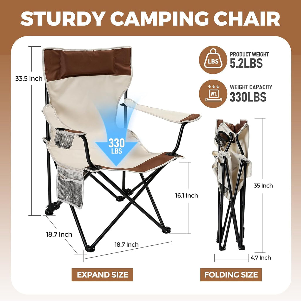 Camping Chairs 2Pack Beach Outdoor Chair for Adults Folding Lawn Chair with Cup Holder, Adjustable Backrest and Carry Bag for Tailgating, Beach, Fishing（Beige）