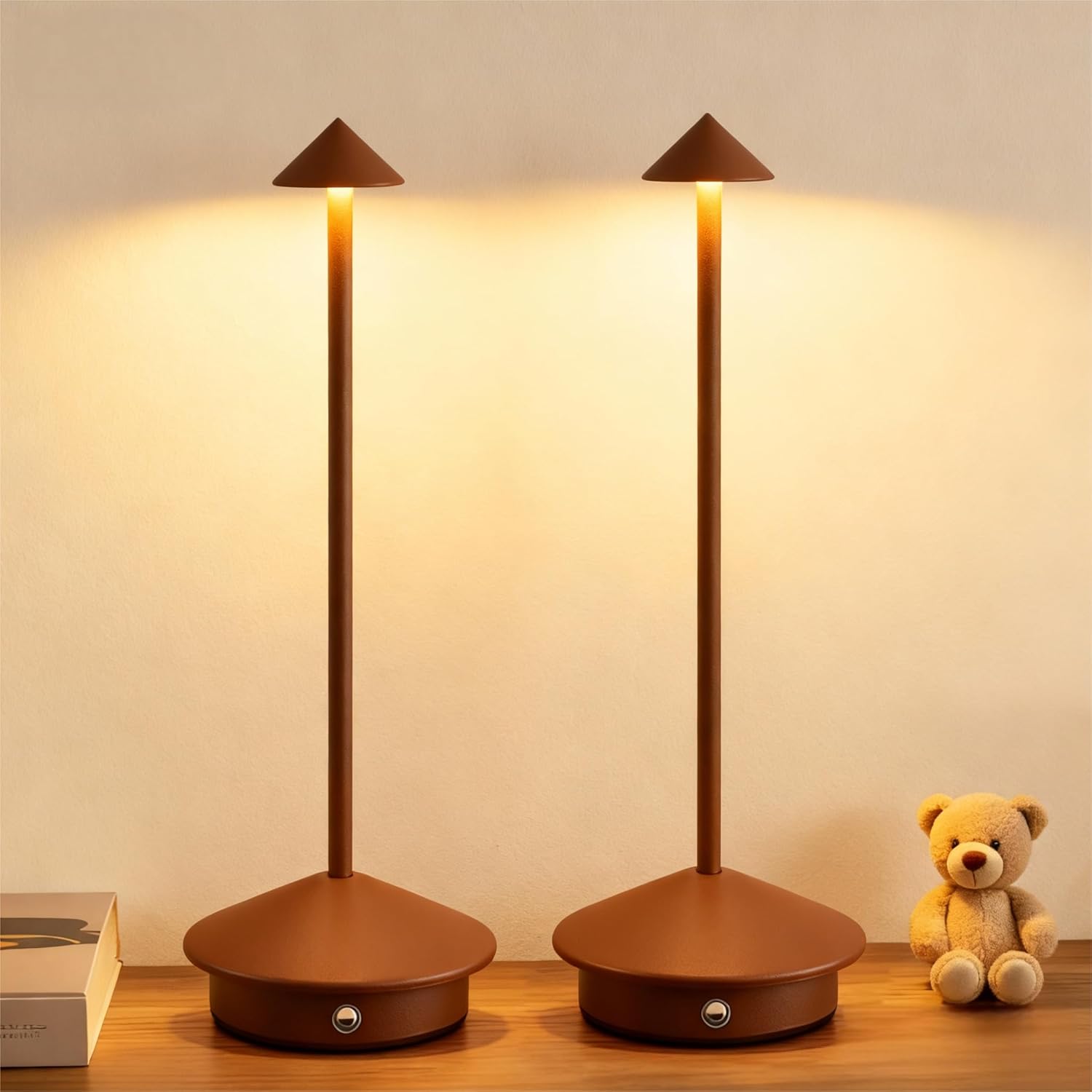 2 Pack Aluminum Cordless Table Lamp, 6000mAh Rechargeable Table Lamps, Portable Touch LED Lamp, Outdoor Waterproof Dimmable Cordless Rechargeable Table Lamps for Restaurant/Patio- (2Brown)