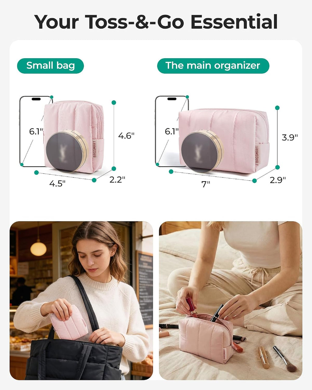 BAGSMART Puffy Travel Makeup Bag Duo Large & Small for Women, Greige