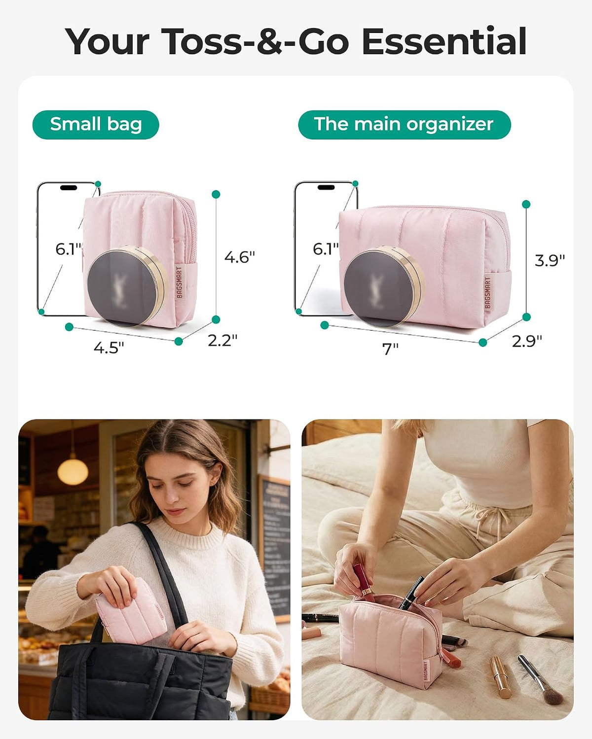 BAGSMART Puffy Travel Makeup Bag Duo Large & Small for Women, Greige