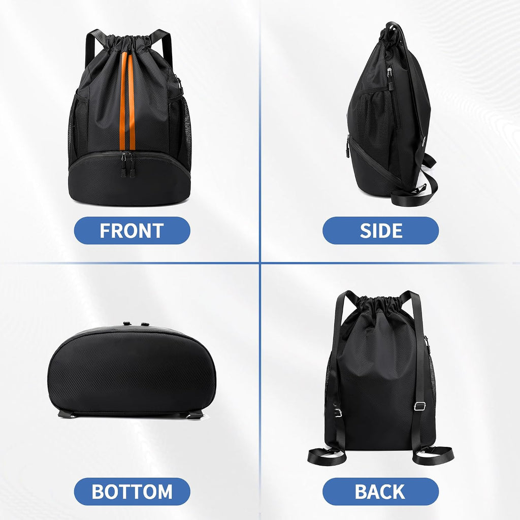 JELUTAR Drawstring Backpack Gym Bag with Shoes Pocket, Black Orange