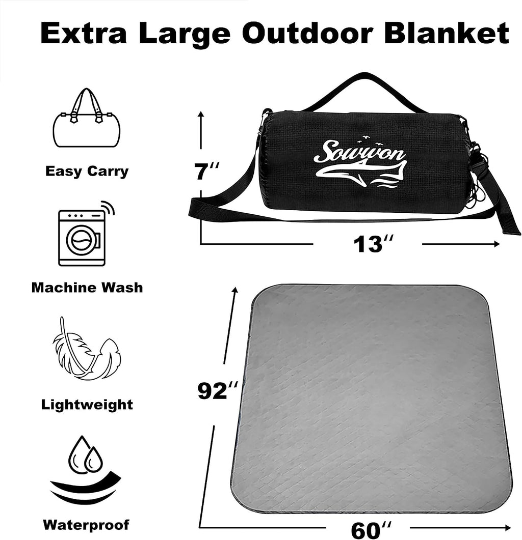 Waterproof Outdoor Blanket 91"x60" Large Quilted Fleece 300GSM Black