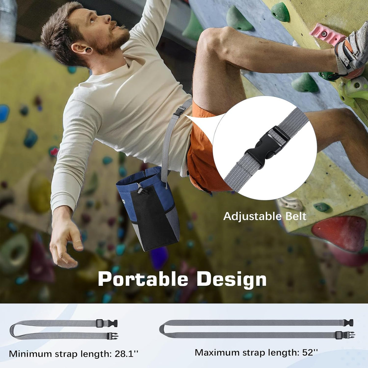MoKo Chalk Bag for Rock Climbing, Large Capacity Climbing Chalk Bag with Magnetic Snap and Zipper Pocket, Portable Chalk Bucket for Rock Climbing, Weight Lifting, Bouldering, Gymnastics, Fitness