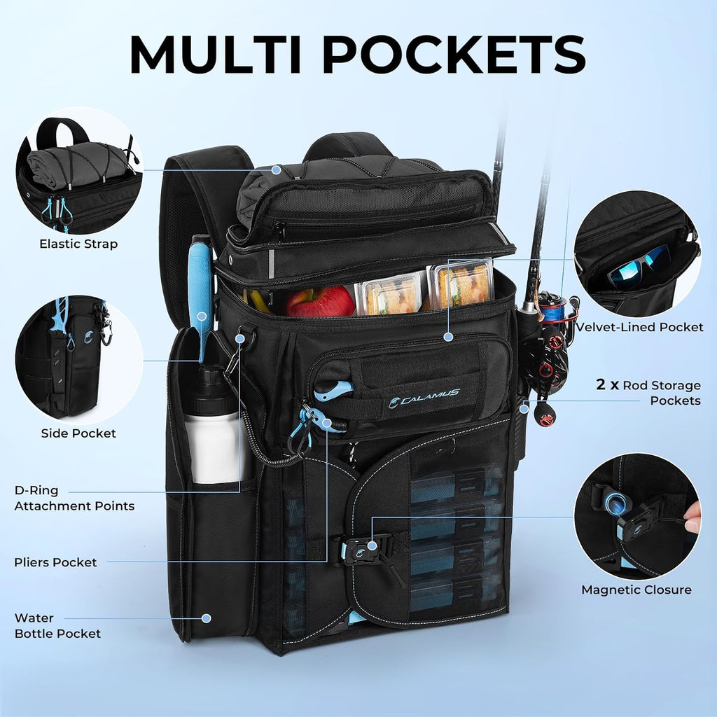 Calamus GearMaster Fishing Backpack with Bait Binder, Black With (4) 3600 Tackle Boxes