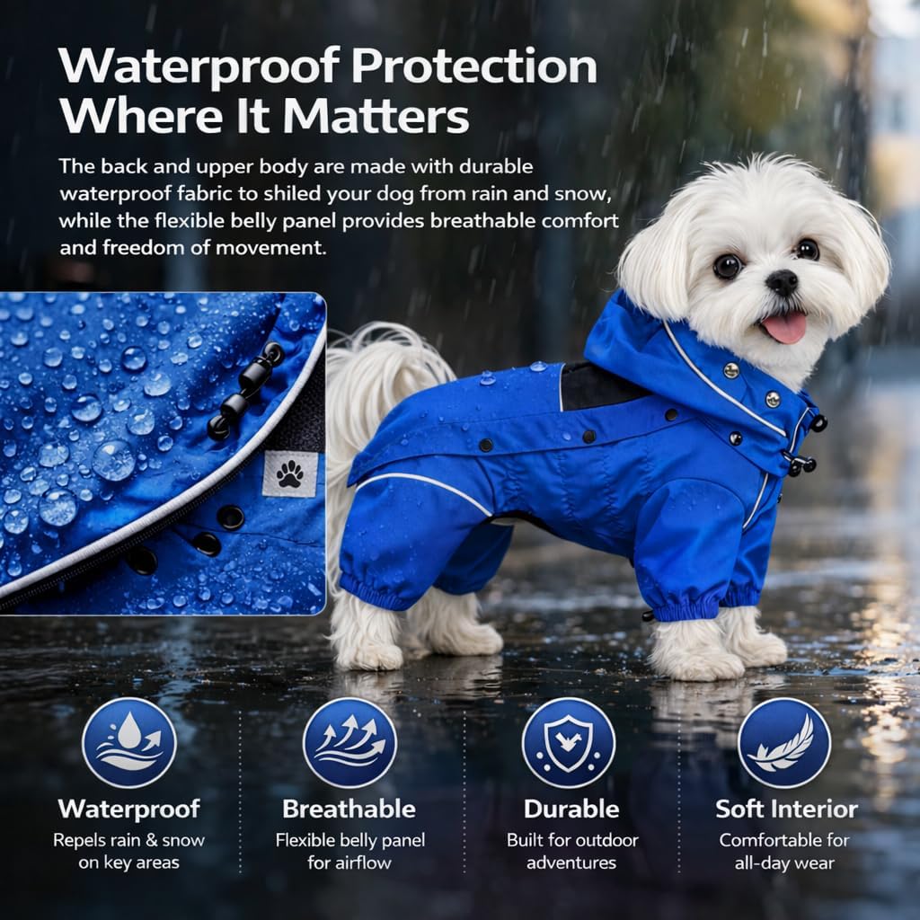 LOVELONGLONG Waterproof Dog Raincoat with Removable Hood – Outdoor Full Body Dog Jacket, Windproof Snowproof Shell Suit – All Season Pet Rain Gear Blue 3XL