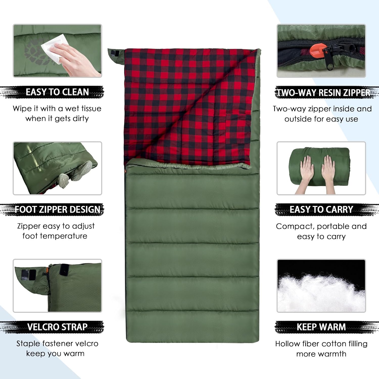 Keencamp 0 Degree Sleeping Bag Cotton Flannel Winter Cold Weather for Adults XXL Sleeping Bag 4 Season Big and Tall with Pillow Compression Sack