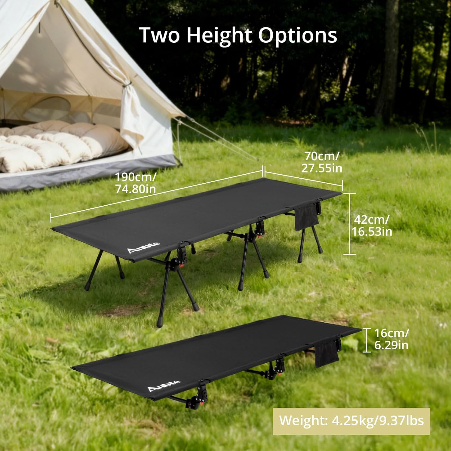 Anbte Height Adjustable Camping Cot, Support 400 lbs, Portable for 1 Person