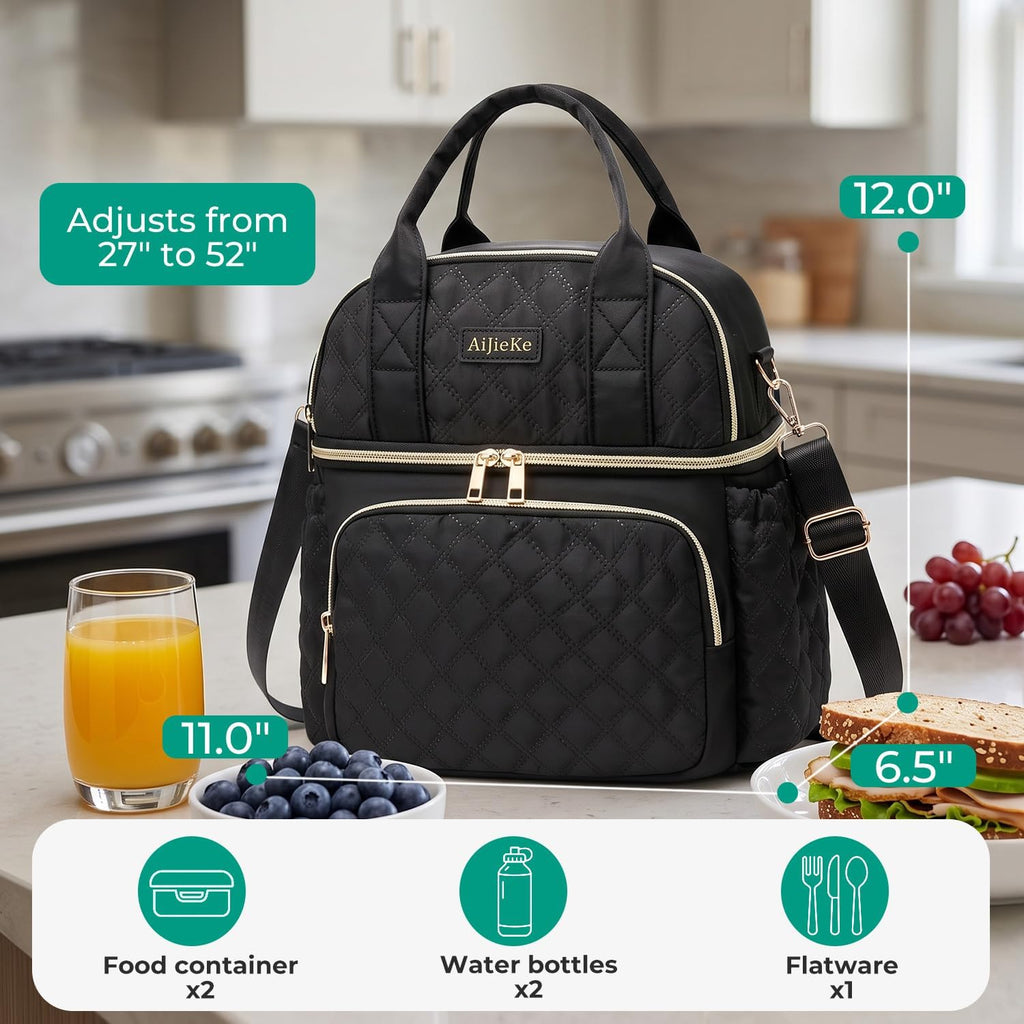 AIJIEKE Insulated Lunch Bag for Women, Double Deck Work Lunch Box, Green